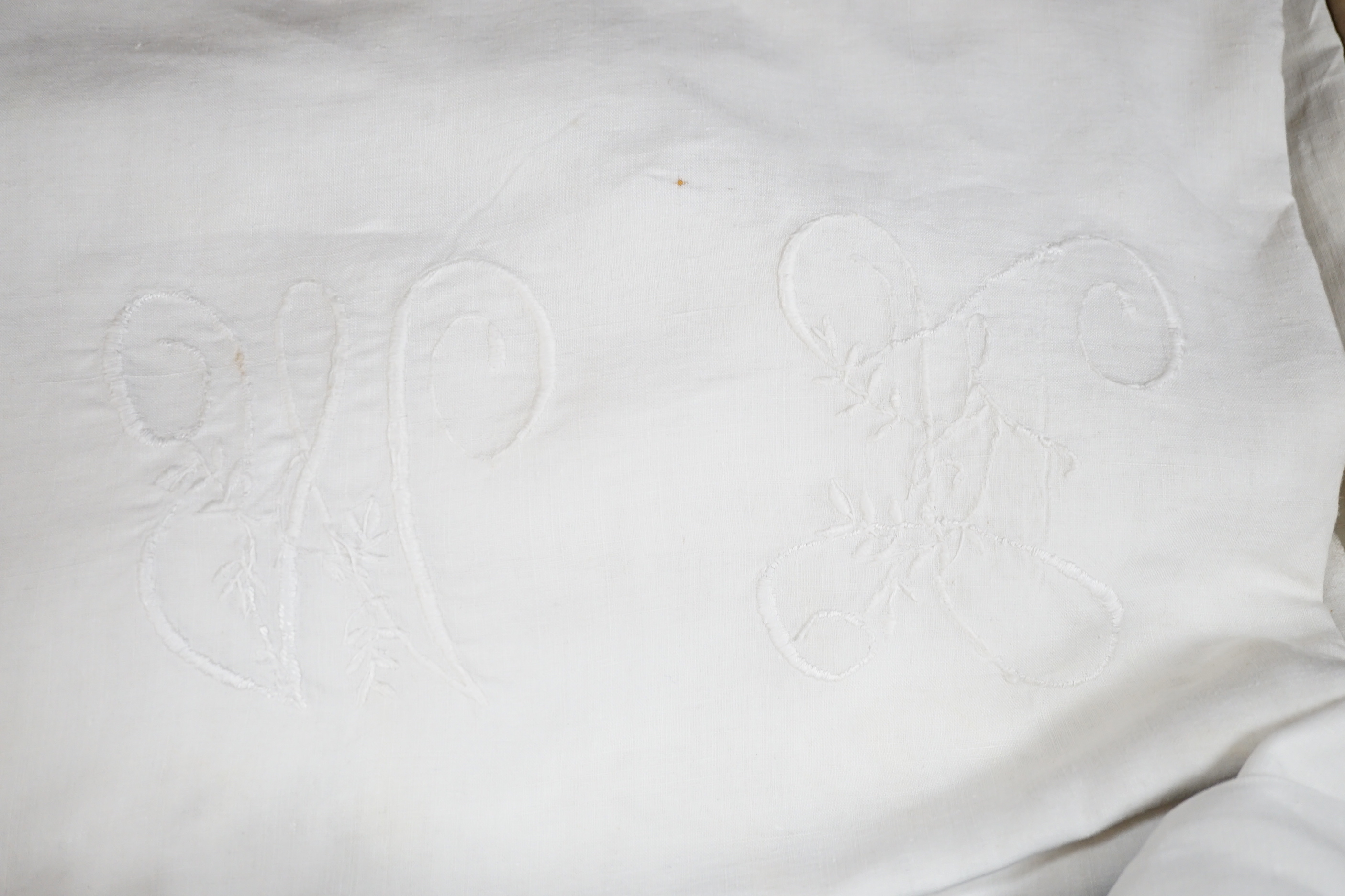 Eight French provincial coarse linen sheets and an embroidered sheet, a monogrammed sheet and an embroidered and monogrammed finer linen sheet (11)